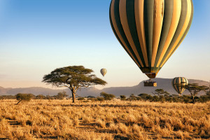 hot-air balloon over serengeti at sunrise