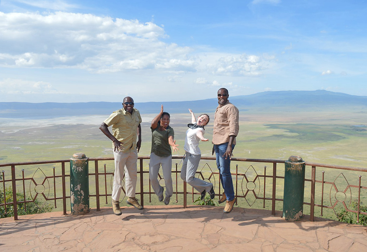 nicole and angela with thomson safaris guides at ngorongoro crater