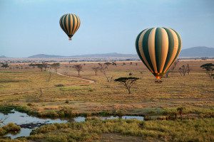 hot air balloon flight at dawn over serengeti