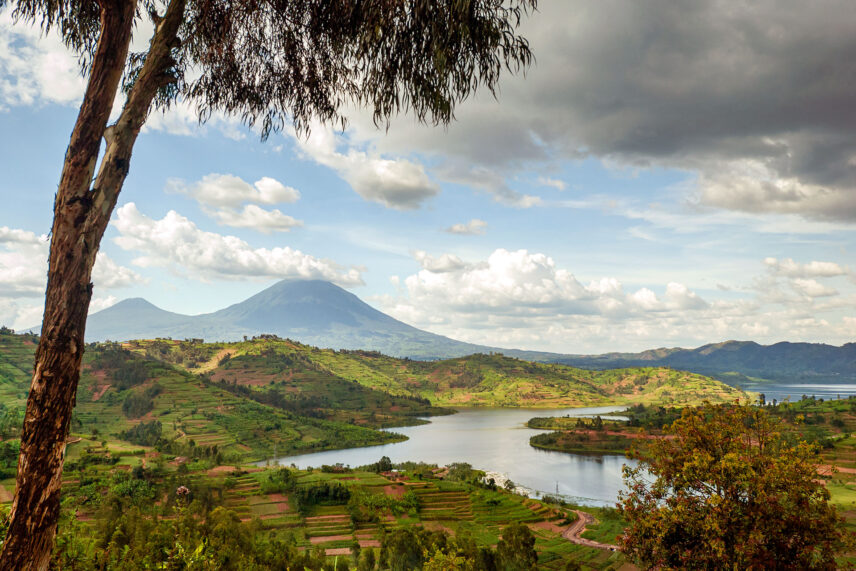 view of volcanoes and lakes in virunga rwanda