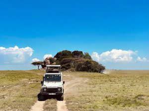 land rover driving by serengeti kopje