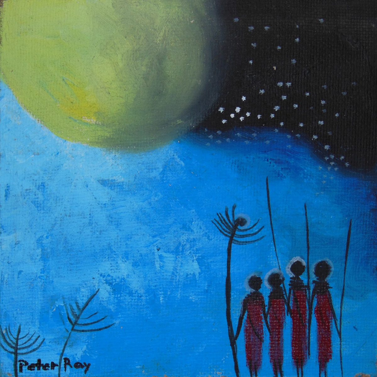 maasai chanting at moon painting by artist peter ray