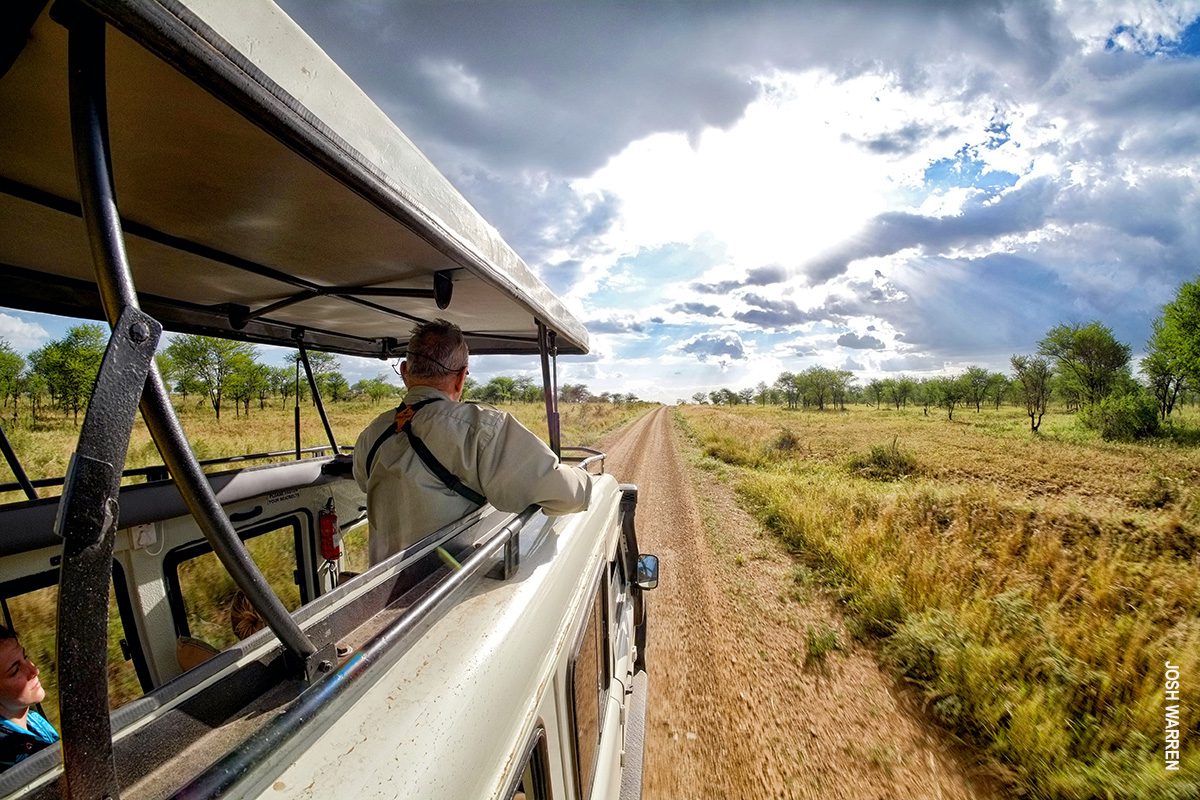 safari traveler in land rover in serengeti