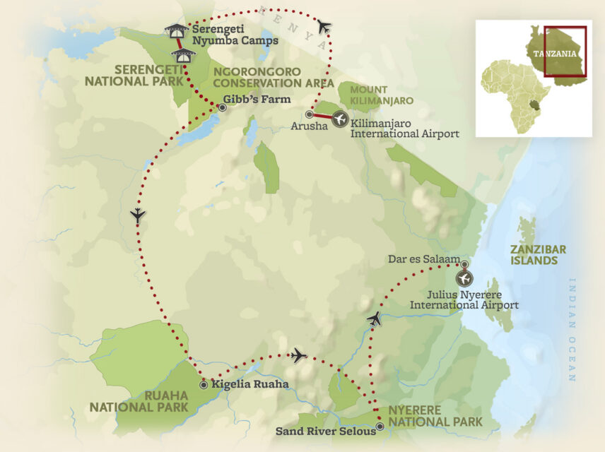 route map for flying safari itinerary
