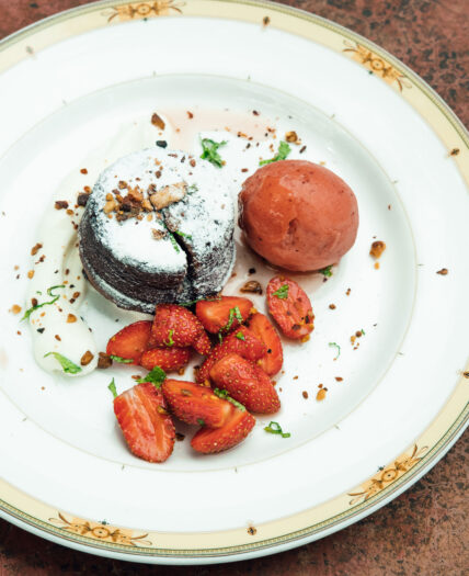 chocolate cake dessert with berries at gibbs farm