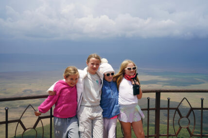 girls on family safari at ngorongoro crater view point