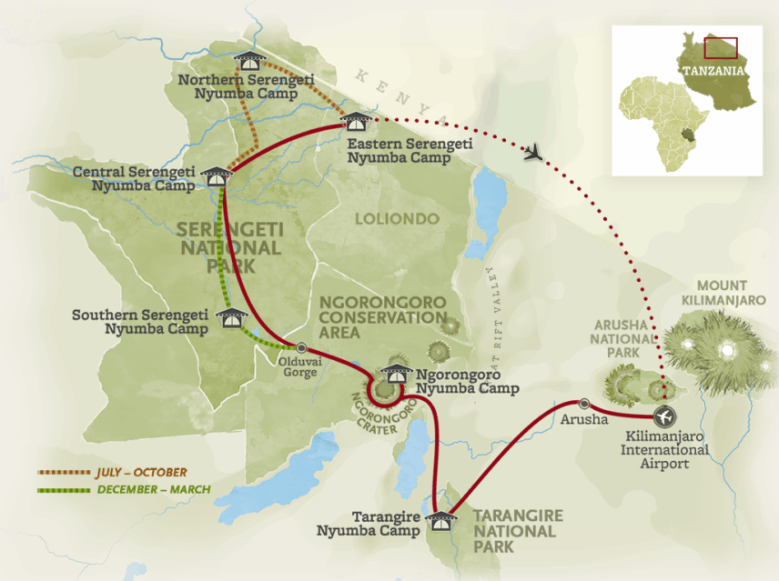 route map for Thomson's Essential Tanzania Safari