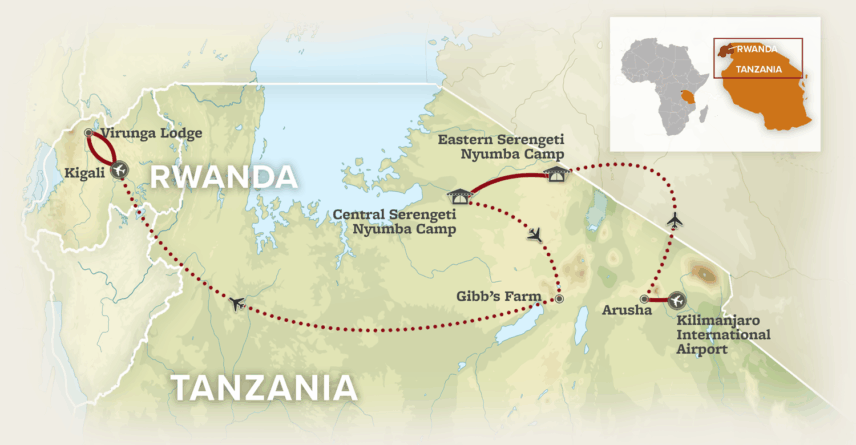 map for savannas and silverbacks safari in tanzania and rwanda