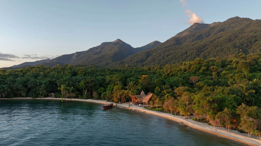 shore view of beach and main area of greystoke mahale