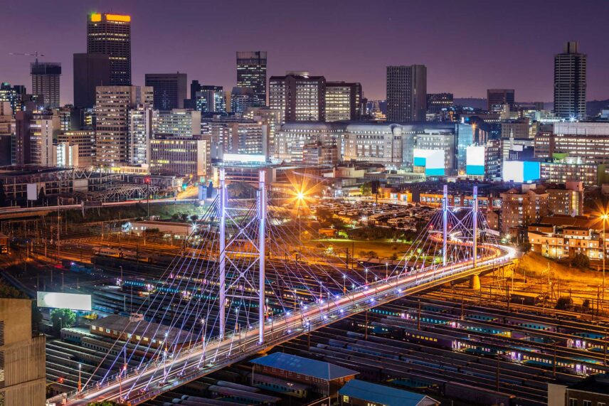 johannesburg and mandela bridge illuminated at night