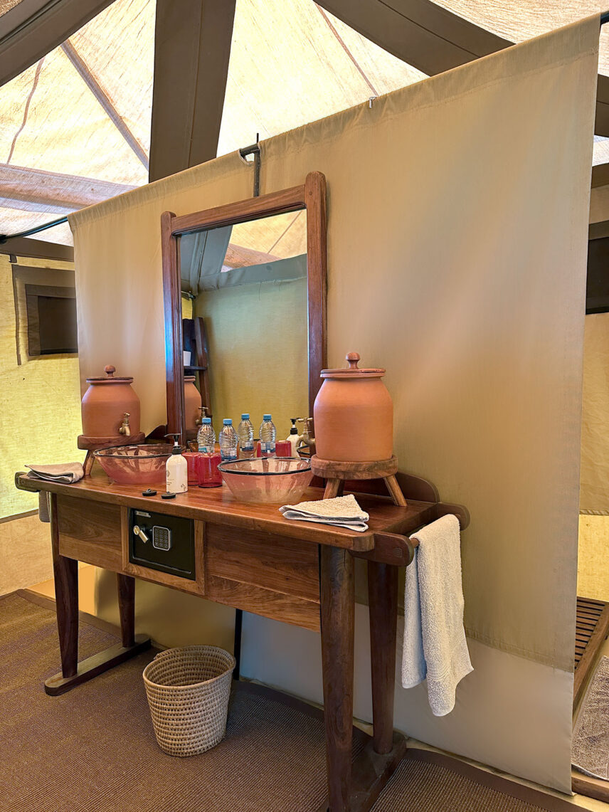 safari bathroom vanity with glass blown sinks