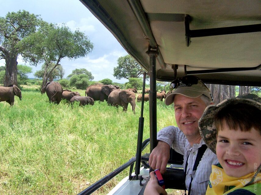 father and son viewing elephants on family safari in tanzania