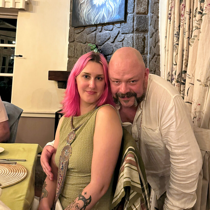 thomson staffer andrew in dining room at gibbs farm with girlfriend morgan