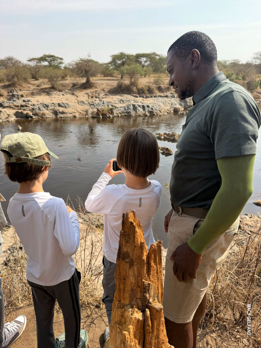 thomson guide grayson showing boys on family safari the serengeti hippo pool in tanzania