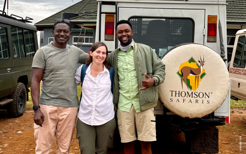 thomson safaris guest with her guides grayson and dickson in tanzania