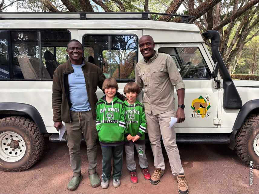 boys on family safari with their thomson safaris guides freddy and grayson