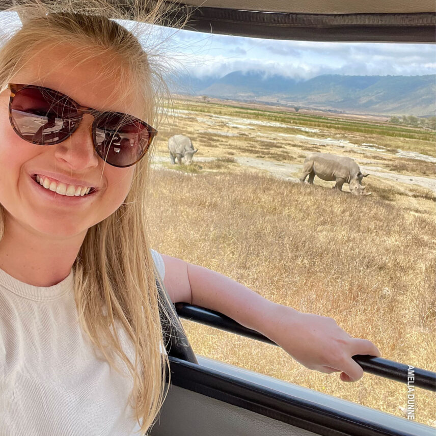 thomson guest takes selfie with southern white rhinos in ngorongoro crater